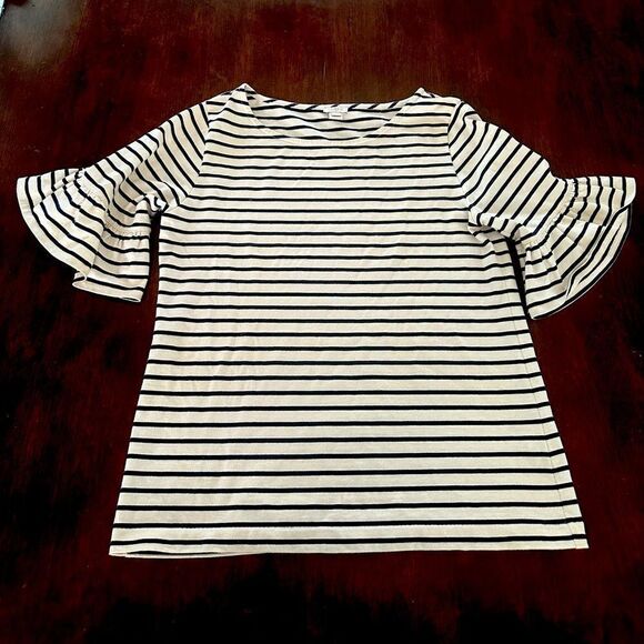 J. Crew Darling, striped pullover with ruffled sleeves. - Picture 1 of 3